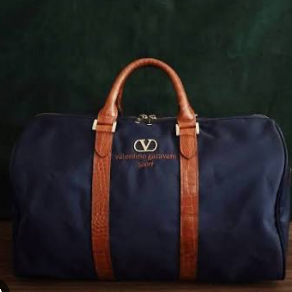 Valentino Garavani Navy and Brown Leather-Trim Duffel Bag